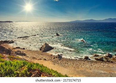 Sunset Over Mykonos Coast, Secluded Beach On Cyclades Islands