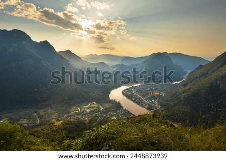 Sunset over Nam Ou River from Pha Daeng Peak Viewpoint, Nong Khiaw, Luang Prabang Province, Northern Laos, Laos, Indochina, Southeast Asia, Asia