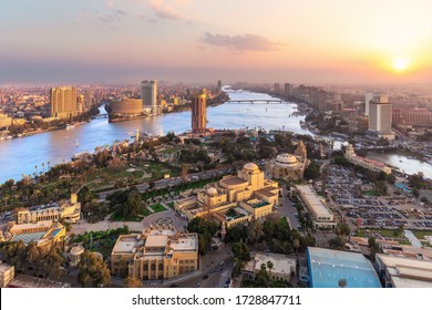 Sunset Over The Nile In Cairo, Aerial View, Egypt