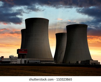 Sunset over the nuclear power plant Temelin in Czech Republic Europe