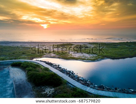 Sunset over the ocean in Wildwood, New Jersey aerial view