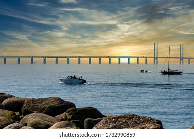 Sunset Over The Oresund Bridge Connecting Sweden With Denmark