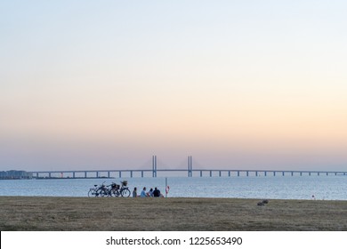 Sunset Over Oresunds Bridge With Friends