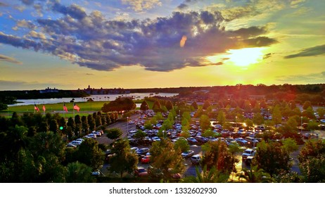 Sunset over parking lot with flags