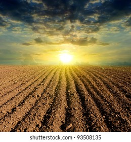 Sunset Over Ploughed Field