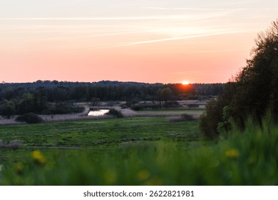 Sunset over the Recknitz Valley in spring with Blurred Foreground of Green Grass