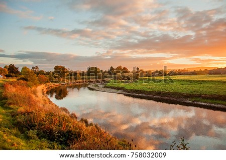 Sunset over the River Wye in Herefordshire, United Kingdom.