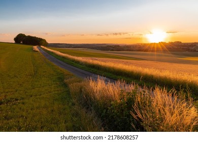 Sunset over the rolling hills of south Limburg in the Netherlands with a spectacular view over the agricultural fields, full of wheat and some amazing beams from the sun during golden hour.
