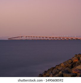 Sunset Over San Mateo Bridge In California