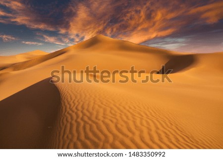 Sunset over the sand dunes in the desert. Aerial view