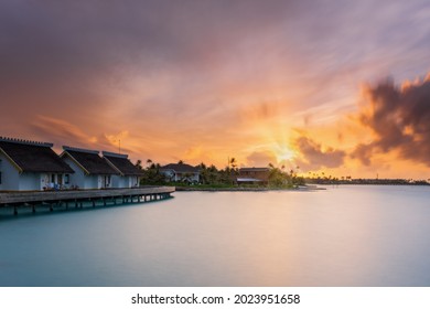 Sunset Over Sand Island Beach In Maldives. Crossroads Maldives, Saii Lagoon Hotel. Long Exposure Picture Taken In July 2021