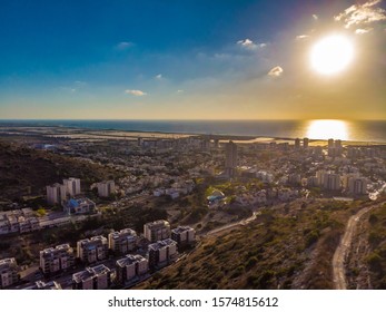 Sunset Over The Sea In The Coastal City Of Tirat Carmel In Northern Israel.