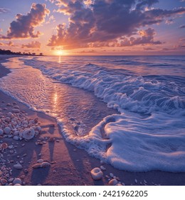 Sunset over a shell-covered beach with waves gently crashing and clouds scattered in the colorful sky. - Powered by Shutterstock