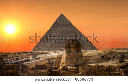 Sunset over Sphinx and Pyramid of Chefren in Giza