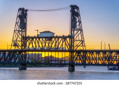 Sunset Over The Steel Bridge In Portland, Oregon