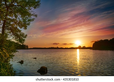 Sunset Over Sunowo Lake. Masuria. Poland