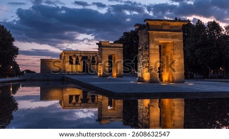 Sunset over the Templo de debod day to night transition timelapse. The Temple of Debod is an ancient Egyptian temple which was rebuilt in Madrid, Spain.