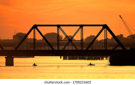 Sunset Over The Train Bridge On The Saginaw River In Bay City, MI.