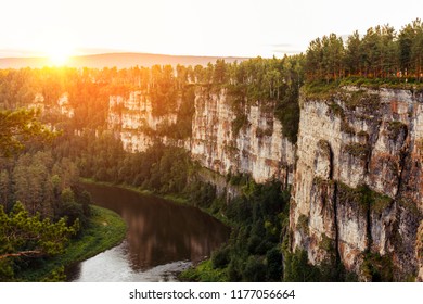 Sunset Over The Ural Mountains. Canyon Of The Ai River 