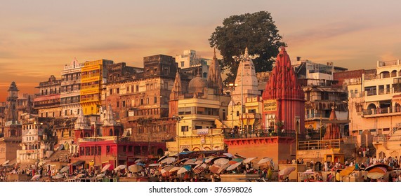 Sunset Over Varanasi.  Text Translation = Prayag Ghat