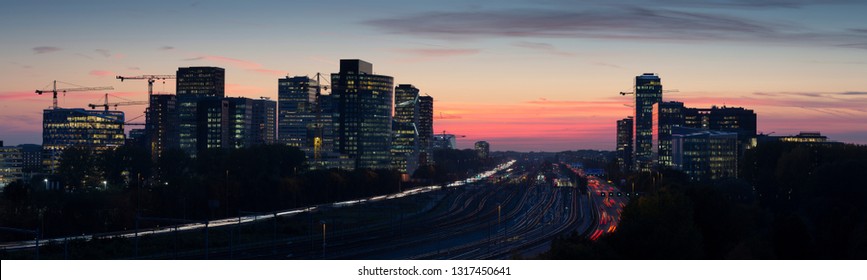 Sunset Over Zuidas The Commercial And Business Zone Of Amsterdam