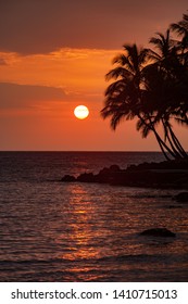 Sunset With Palm Trees On The Kona Beach On The Big Island, Hawaii