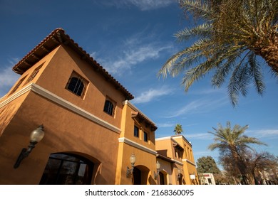 Sunset Palm View Of Historic Downtown Coachella, California, USA.