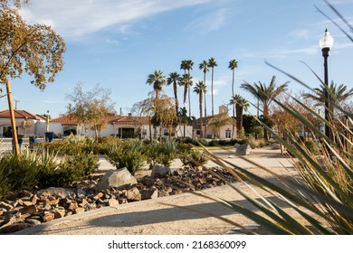 Sunset Palm View Of Historic Downtown Coachella, California, USA.