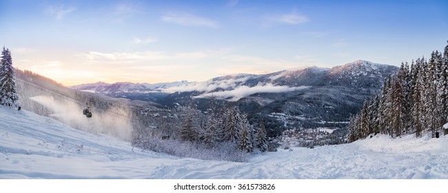 A sunset panorama of the Creekside at Whistler, BC.