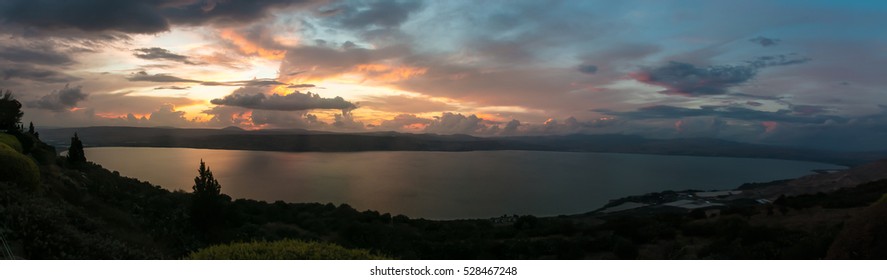 Sunset Panorama Over The Sea Of Galilee