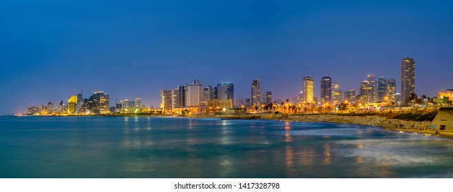 Sunset panoramic landscape of Tel Aviv coastline, Israel.