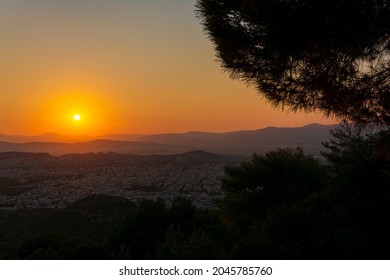 Sunset Panoramic View Of Athens From The Hymettus Mountain, Greece.