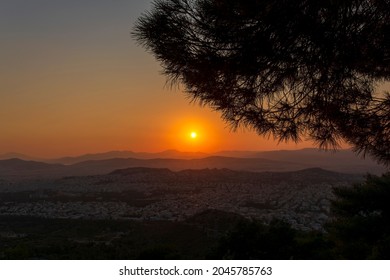 Sunset Panoramic View Of Athens From The Hymettus Mountain, Greece.