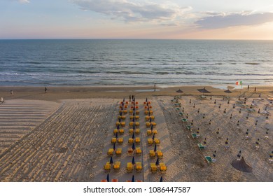 Sunset and panoramic view from Durres beach. Blue sky and water of Adriatic Sea.