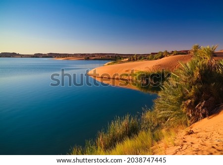 sunset Panoramic view to Yoa lake group of Ounianga kebir lakes , Ennedi, Chad