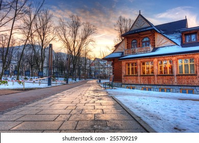 Sunset In The Park Of Zakopane At Winter Time, Poland