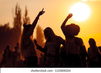 Sunset Party Dancers Silhouettes At Summer Music Festival