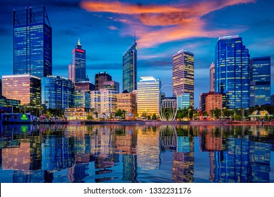 Sunset in Perth city with building and river , Perth, Australia. This image can use for Travel,  cityscape  concept