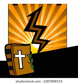 Sunset photo of an energy logo with lightning and a holly bible