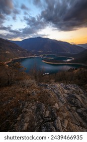 Sunset photography of Vacha Reservoir, Rhodope Mountains, Plovdiv Region, Bulgaria.