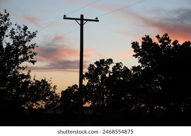 Sunset with power lines and trees.
