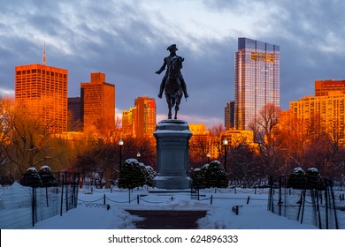 Sunset at Public Garden Boston , cover by snow