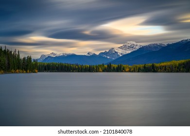 Sunset at the Pyramid Lake in Jasper National Park, Canadian Rocky Mountains, Canada. Long exposure.