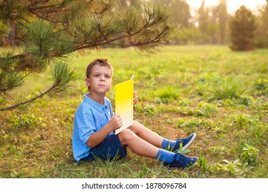 sunset reads a book. A surprised joyful child in a blue shirt with a yellow book in the park sits on the grass at sunset. Distance learning has ended.