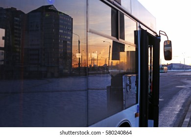 Sunset Reflection In City Bus Window Urban Background