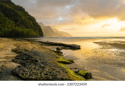 Sunset Reflection on Tide Pool, Ke'e Beach, Kauai, Hawaii, USA