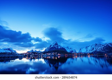 sunset  in Reine Village, Lofoten Islands, Norway Stock Photo