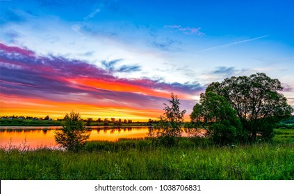 Sunset Rural River On Summer Landscape