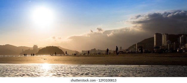 Sunset In Santos City, In The Background Sao Vicente CitySao Paulo State, Brazil.