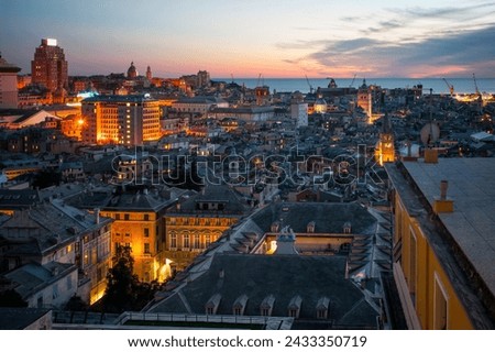 Sunset scene of the historic center and the old port, in Genoa, Liguria, Italy
